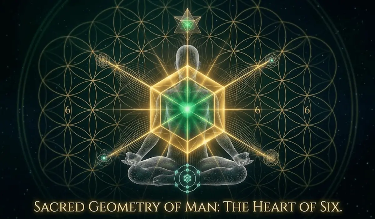 Sacred geometry of the number 666 featuring a golden hexagon and the heart chakra to represent spiritual balance.