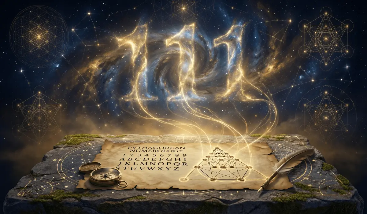 Ancient Pythagorean numerology and sacred geometry art representing the divine origins of angel numbers.