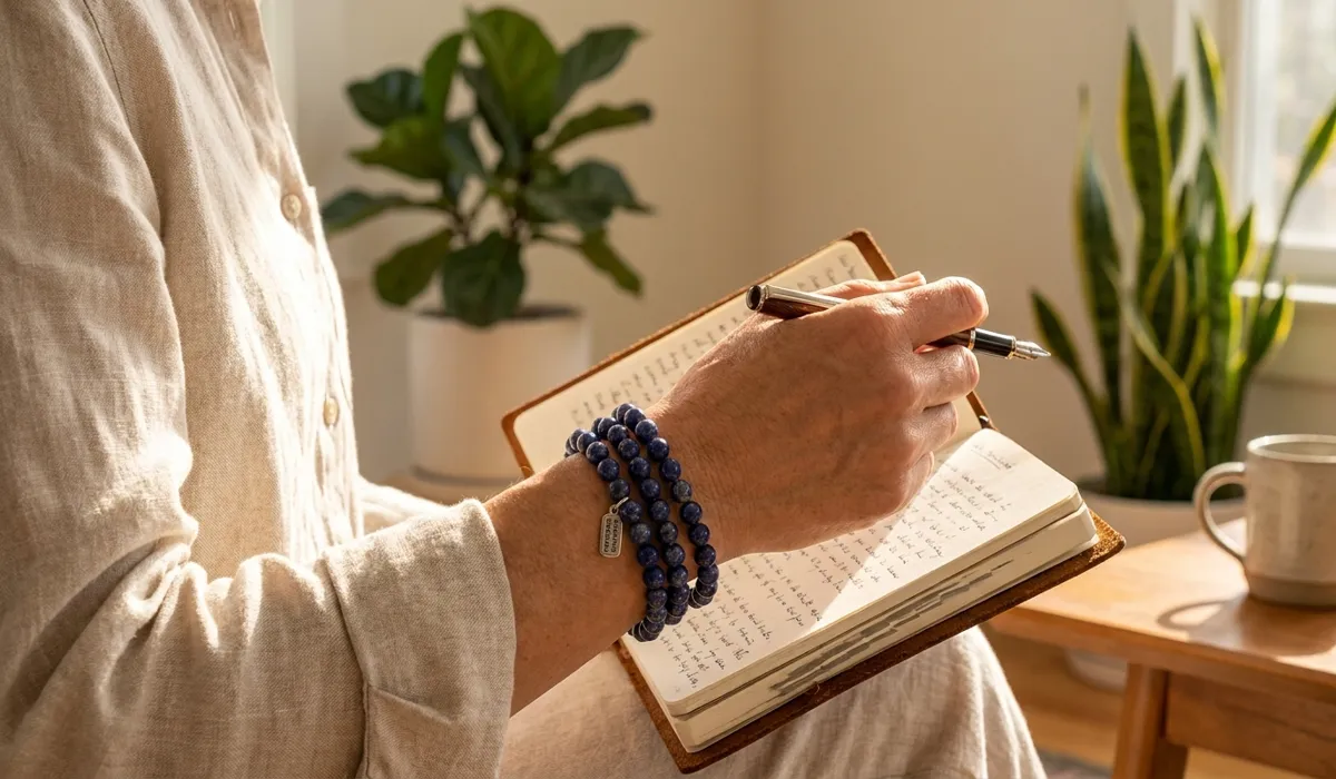 Close-up of a person wearing Lapis Lazuli prayer beads on their wrist while journaling for mindfulness.