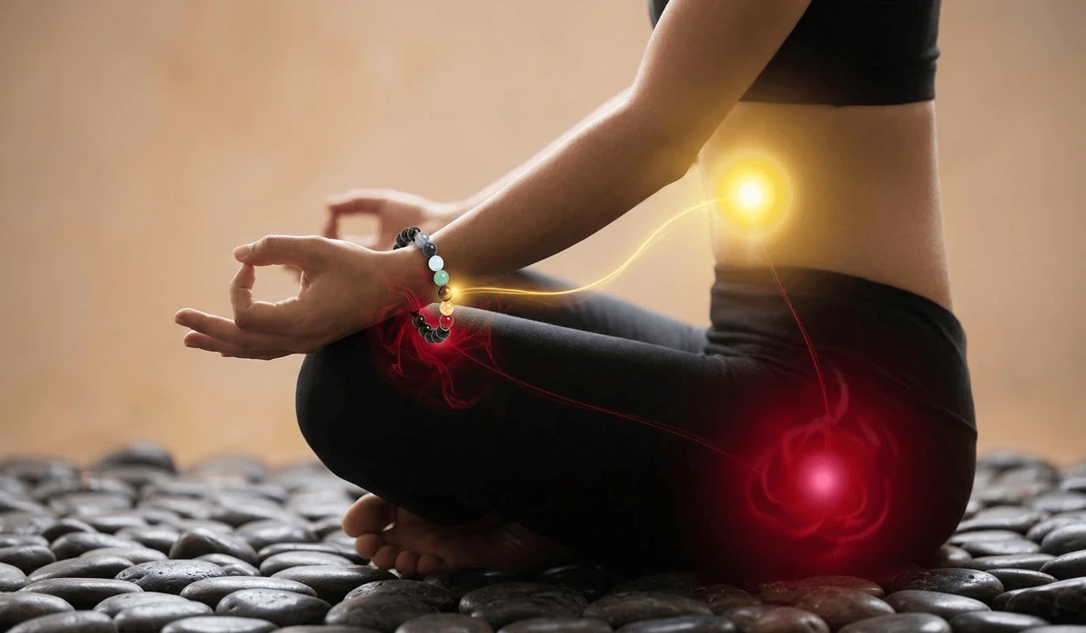 Spiritual illustration of chakra alignment with a Gold Sheen Obsidian bracelet for grounding and personal power.