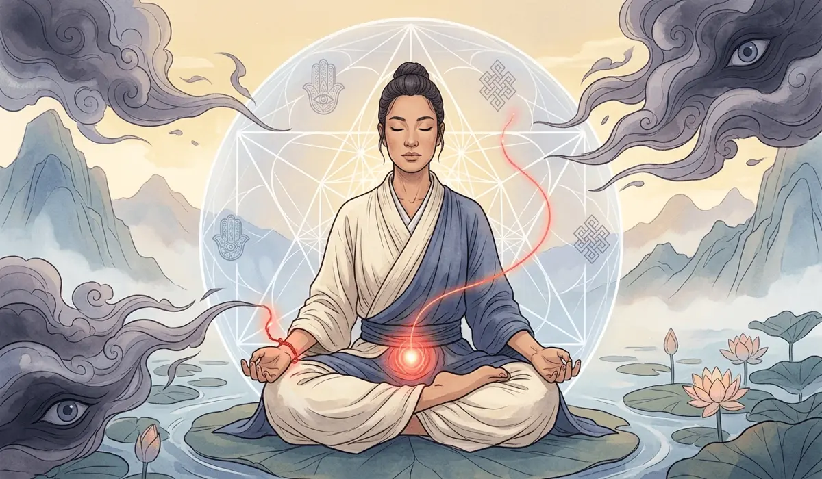 Spiritual illustration of the red string bracelet acting as a negative energy shield and grounding the Root Chakra.