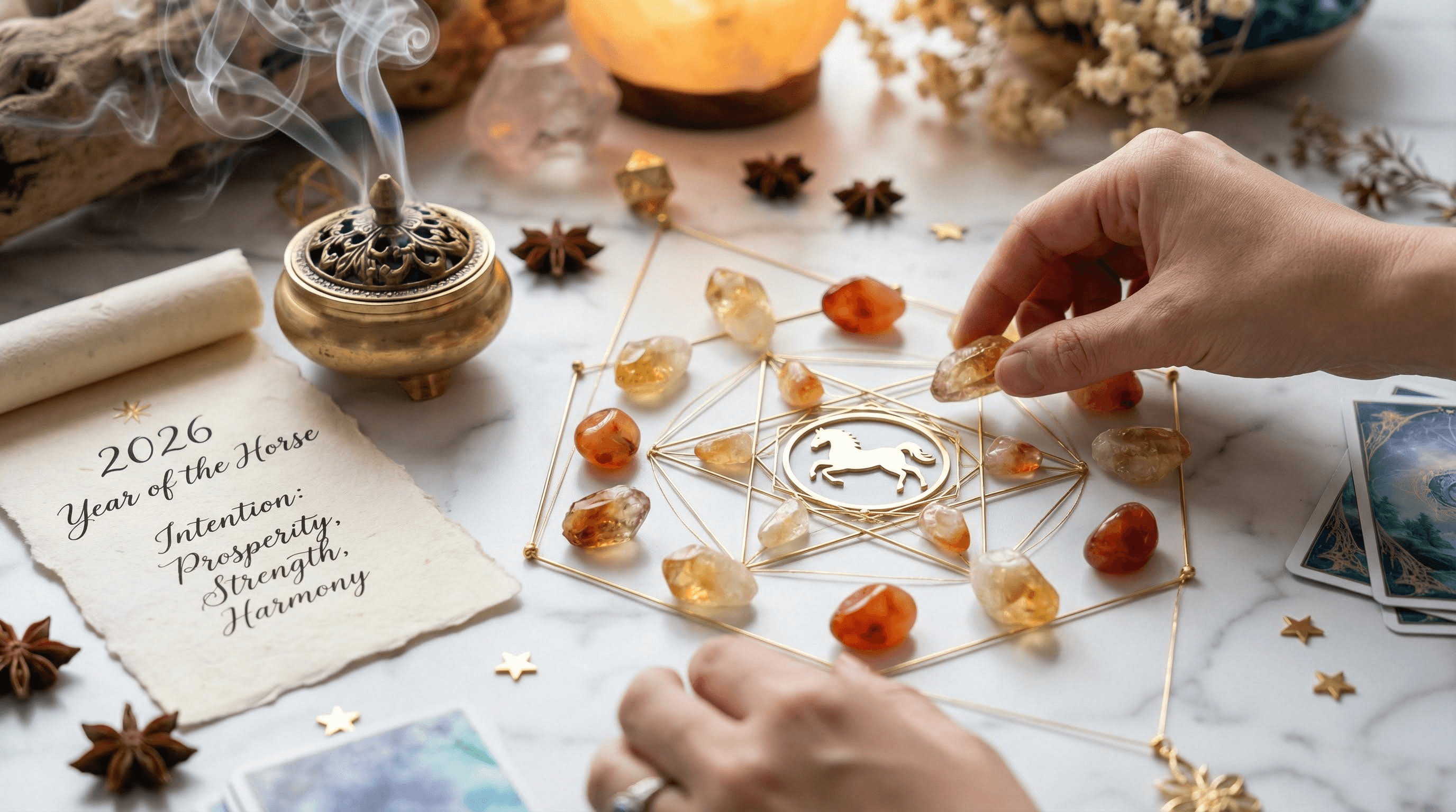 A spiritual crystal grid and cleansing ritual being prepared for the 2026 Lunar New Year home altar.