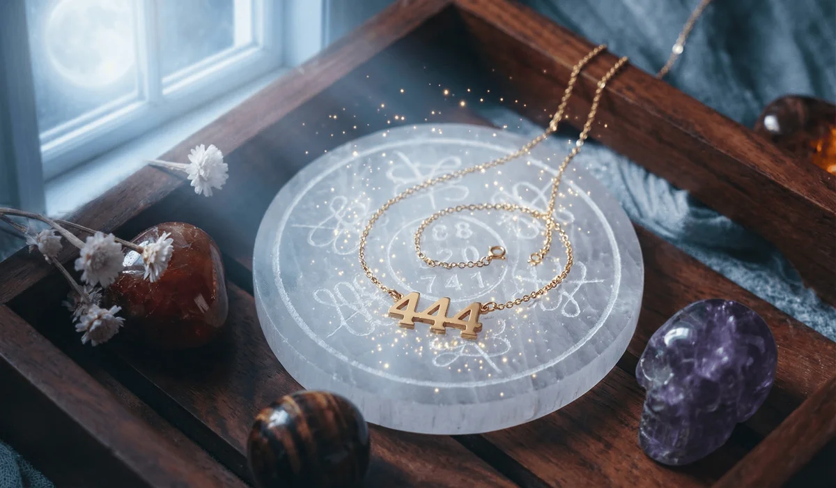 Charging dainty gold angel number jewelry on a Selenite plate under moonlight to enhance spiritual energy.