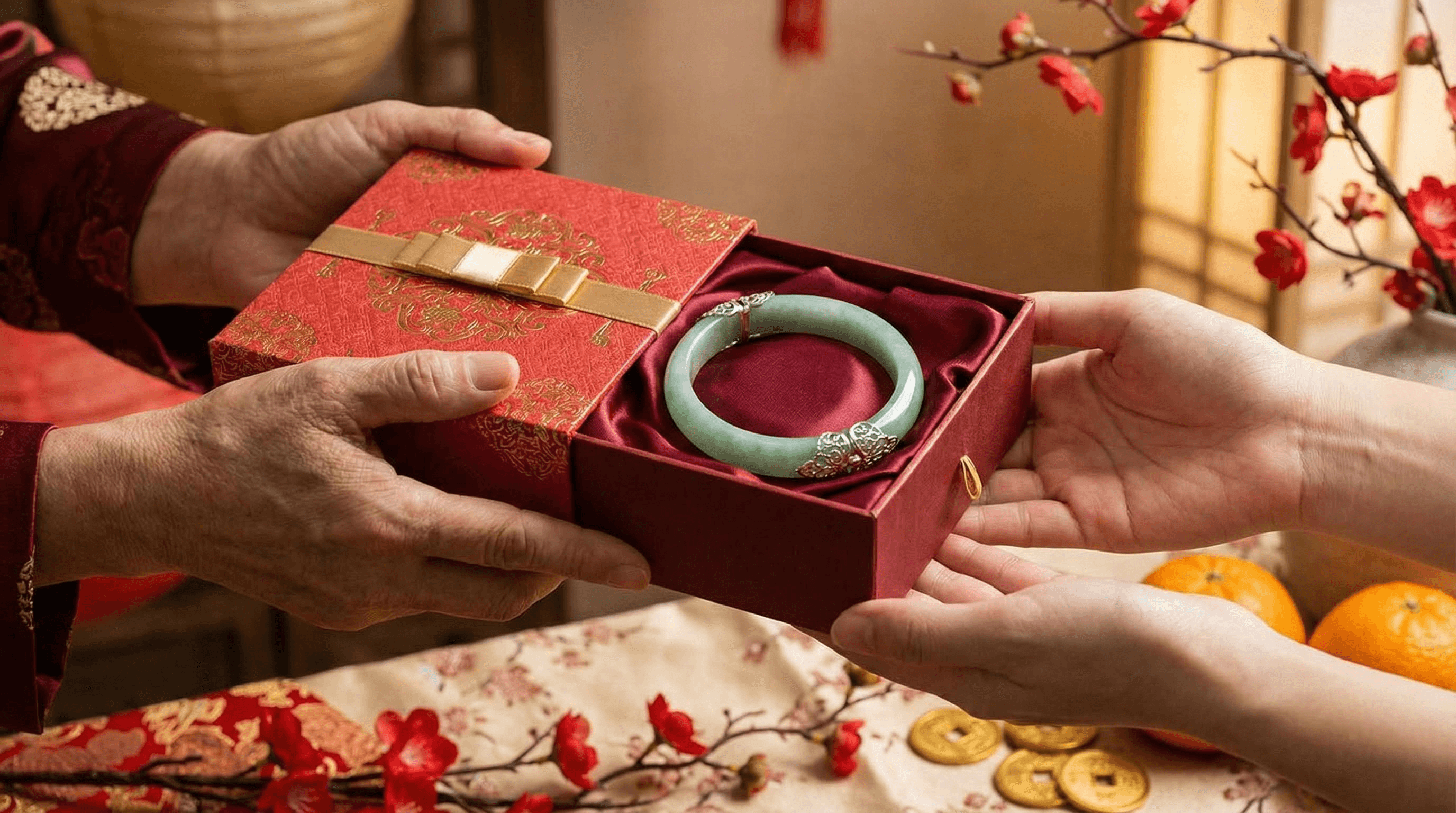 Two hands presenting a red gift box with a jade and silver bracelet inside to another person.