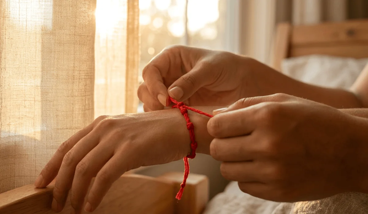 Close-up photo of two people during a ritual, gently tying a 7-knot red string protection bracelet onto the left wrist.