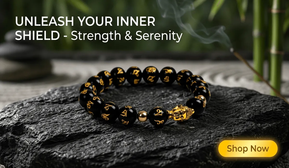 Obsidian Buddha Protection Bracelet with gold mantras and Buddha head on a Zen stone background, featuring a Shop Now button for spiritual jewelry blog.