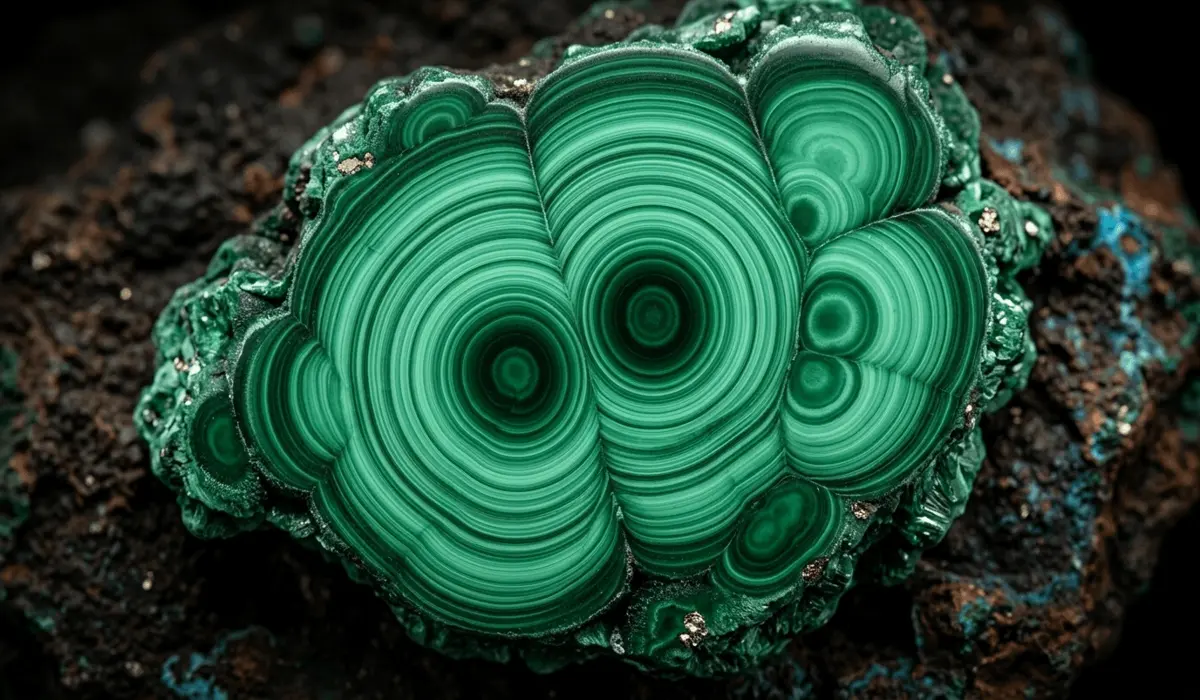 Detailed macro view of a vibrant green Malachite crystal with natural swirling patterns and concentric bands.