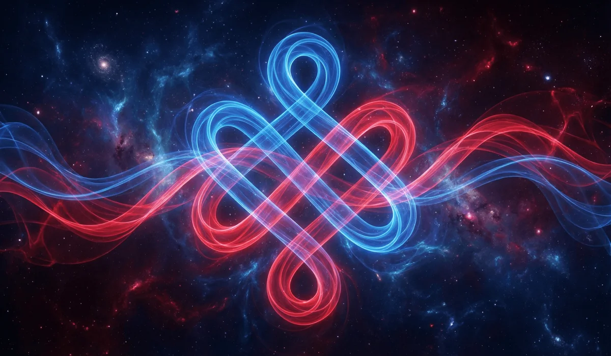 Abstract visualization of the Endless Knot as glowing interwoven threads of wisdom and compassion against a cosmic background.