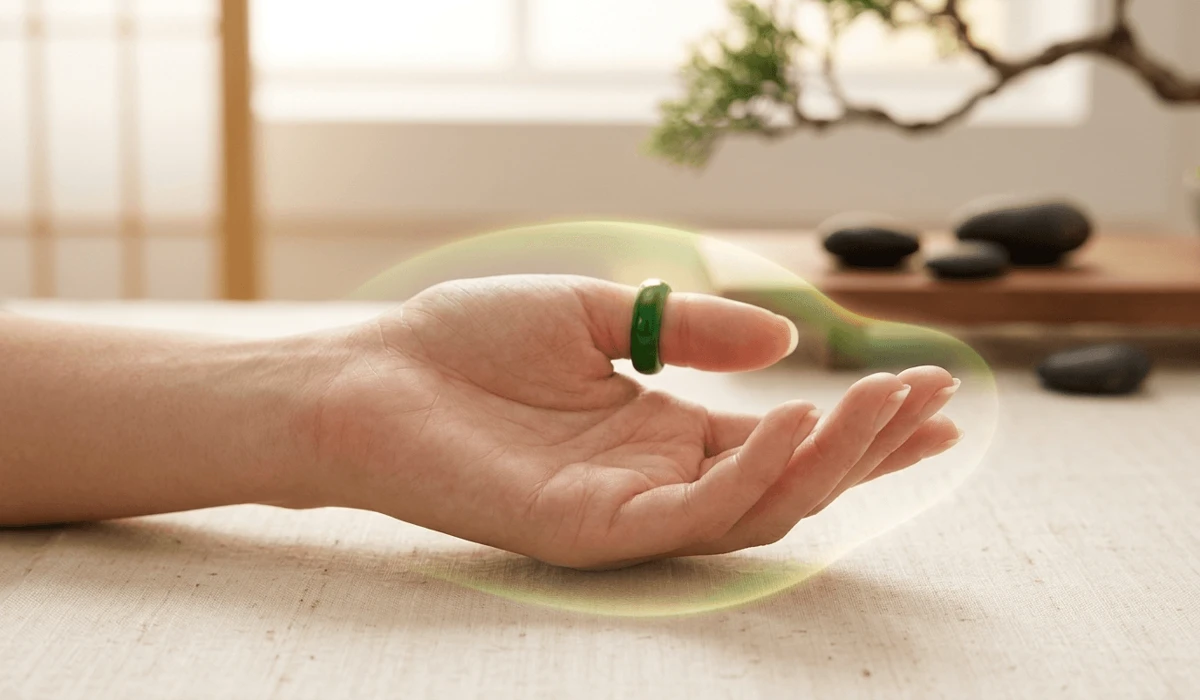 Jade ring worn on the left hand for aura protection and to shield against negative energy vibrations.