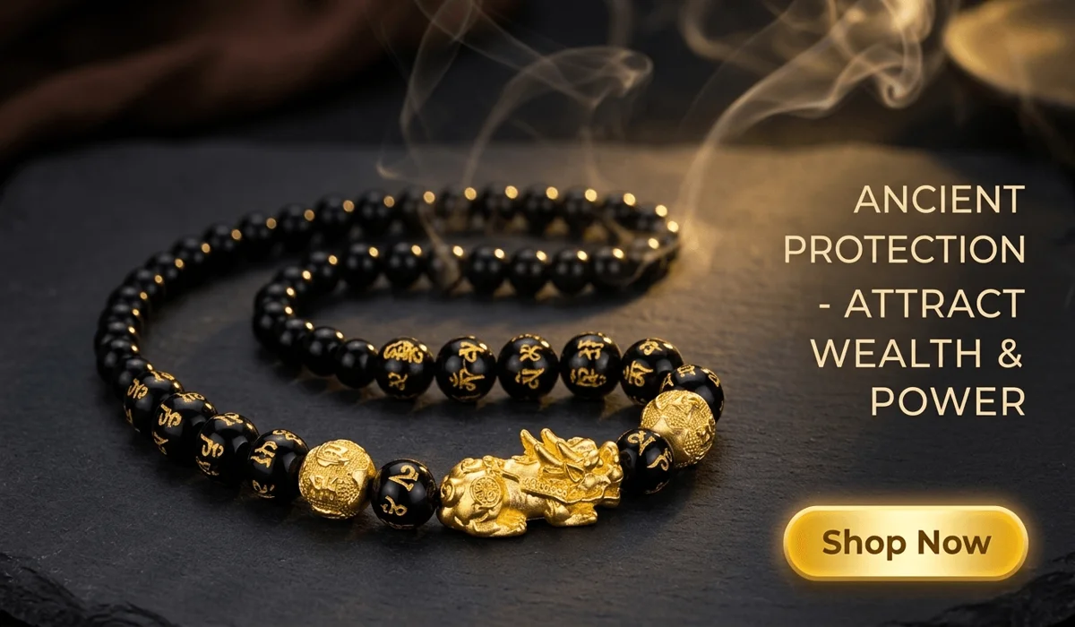 Obsidian Pixiu Fortune Necklace - The Unyielding Protector featuring black obsidian beads and gold Pixiu charm on a luxury zen background with a Shop Now button.