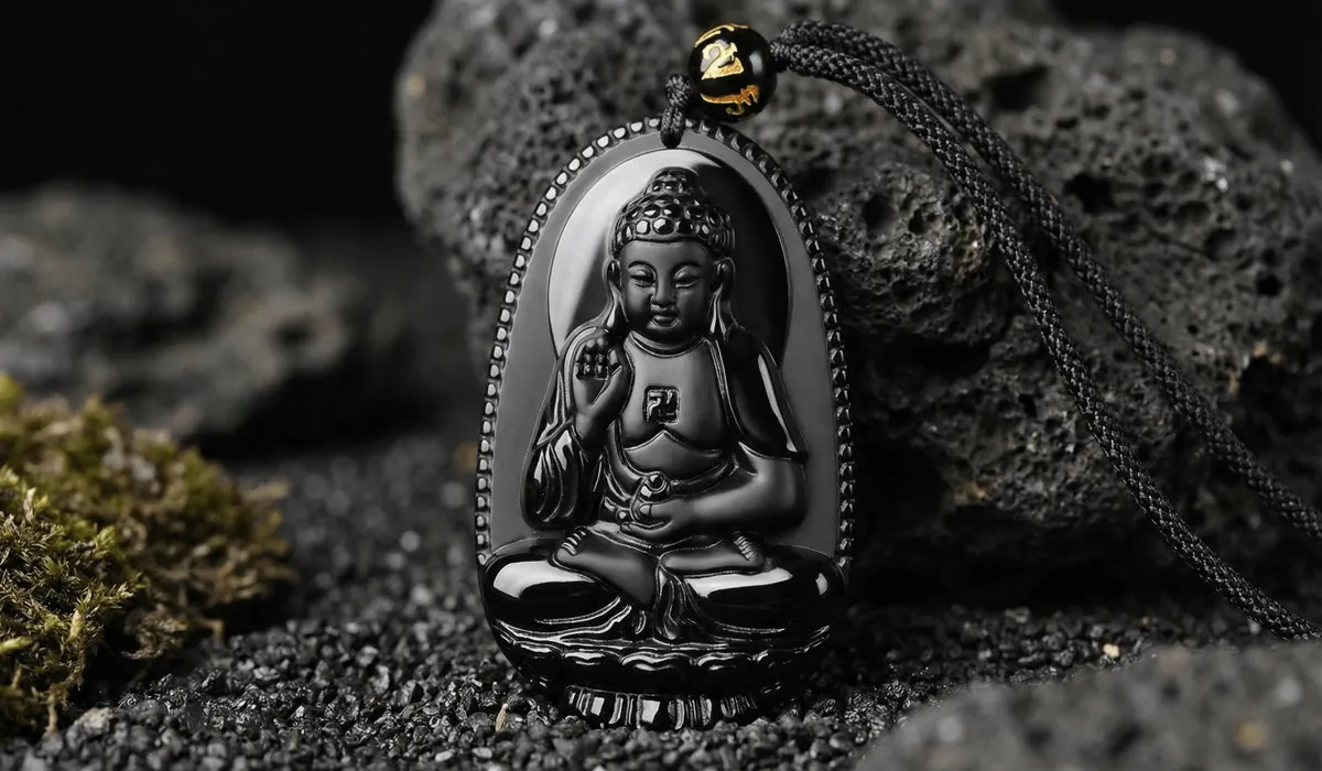 A detailed black obsidian Buddha pendant showing the natural vitreous luster of volcanic glass, symbolizing spiritual protection and grounding.