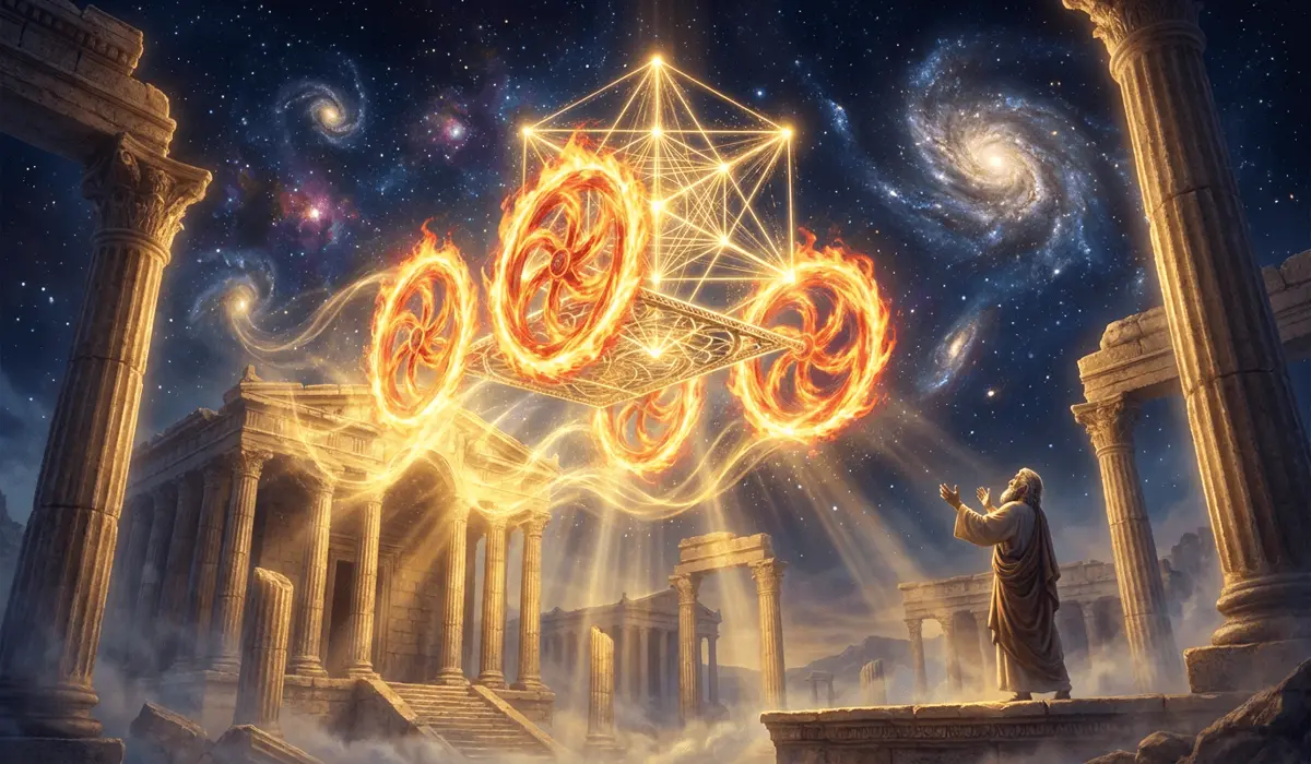 Artistic rendering of Prophet Ezekiel's divine chariot vision and ancient Egyptian light-body metaphysics.
