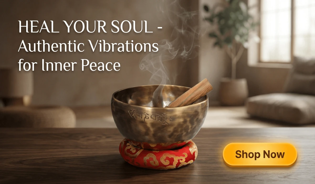 Handmade Nepalese Full Moon Singing Bowl on a red silk cushion for sound healing and meditation, high-end e-commerce product display with Shop Now button.