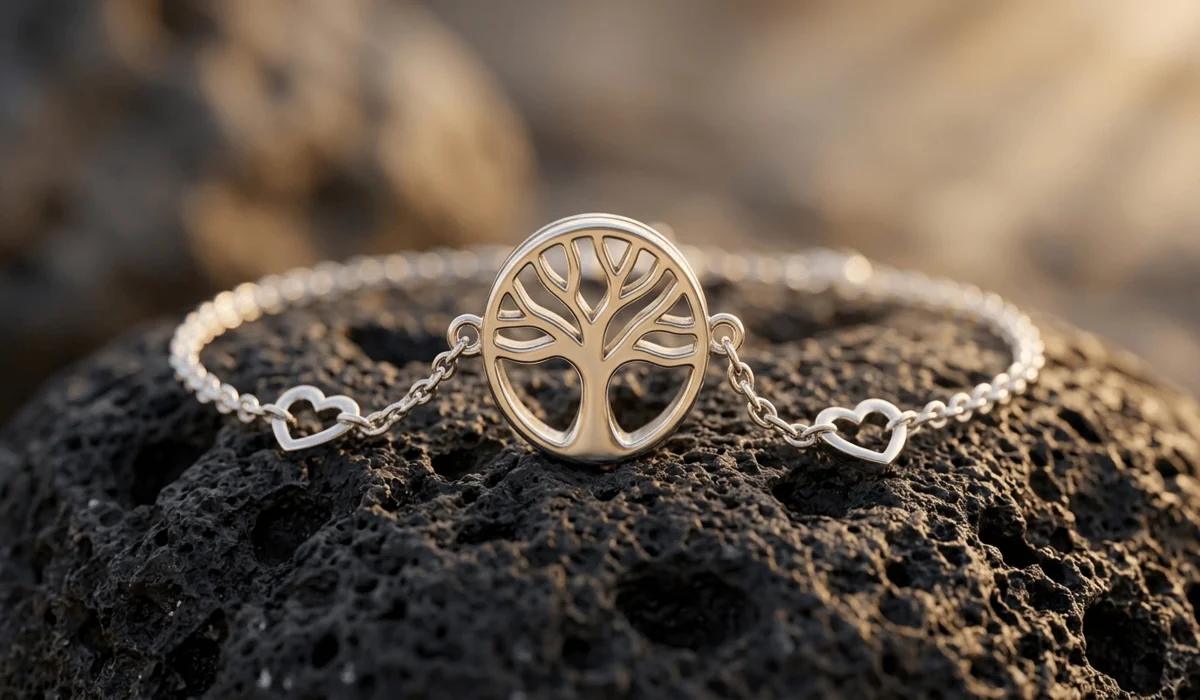 A handcrafted silver Tree of Life bracelet on a volcanic rock, symbolizing grounding and spiritual balance.