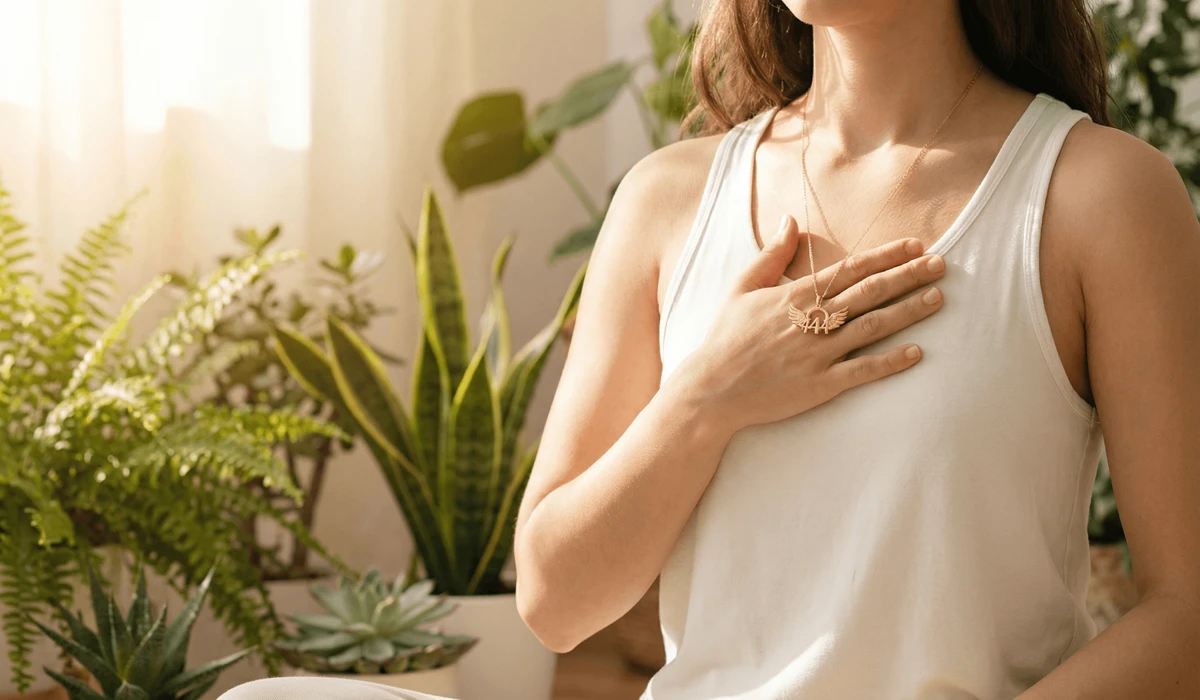 A woman practicing a self-love ritual while wearing a spiritual angel number necklace for heart chakra alignment.