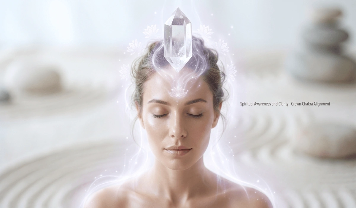 Spiritual visualization of Clear Quartz being used for Crown Chakra alignment and mental energy flow.