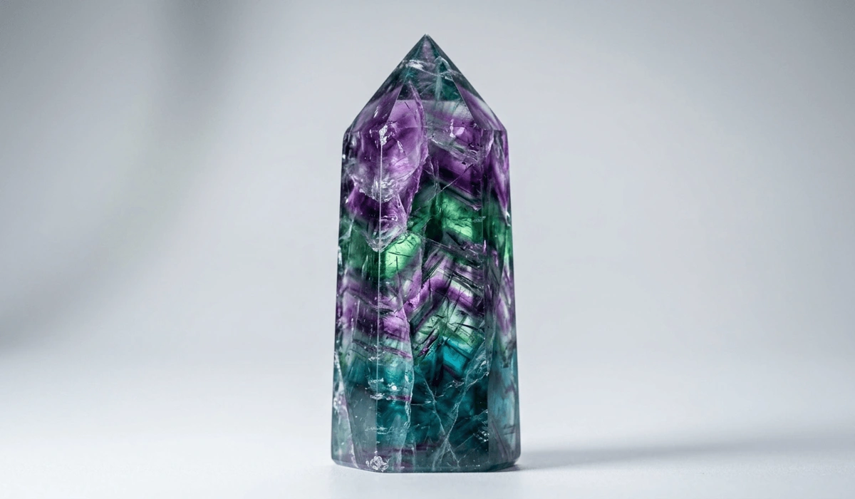 High-quality macro photo of a Rainbow Fluorite crystal point showing vibrant purple and green color banding.