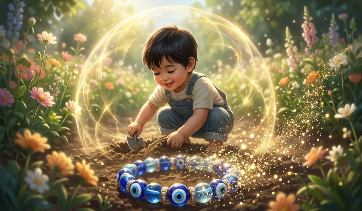 Digital art of a child protected by a golden energy shield as a protection bracelet dissolves, representing spiritual guardianship.