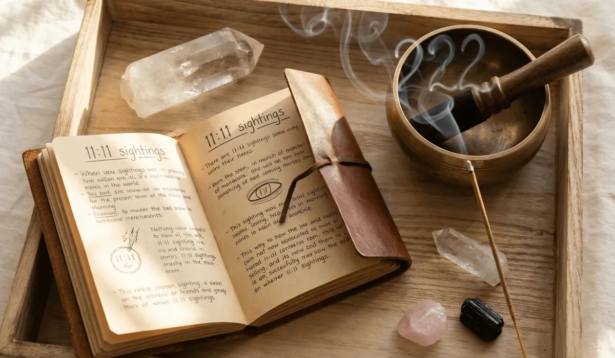 Meditation altar with a spiritual journal and crystals, showing how to track angel numbers and practice divine synchronization.