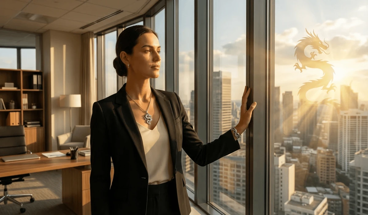 A professional woman wearing dragon jewelry for leadership and confidence in a modern office setting.