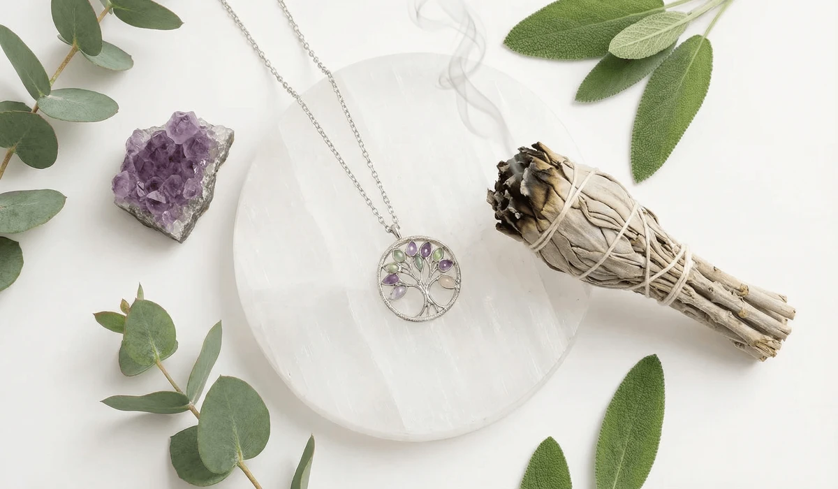 Cleansing a Tree of Life necklace with Selenite and sage to maintain its spiritual energy and harmony.