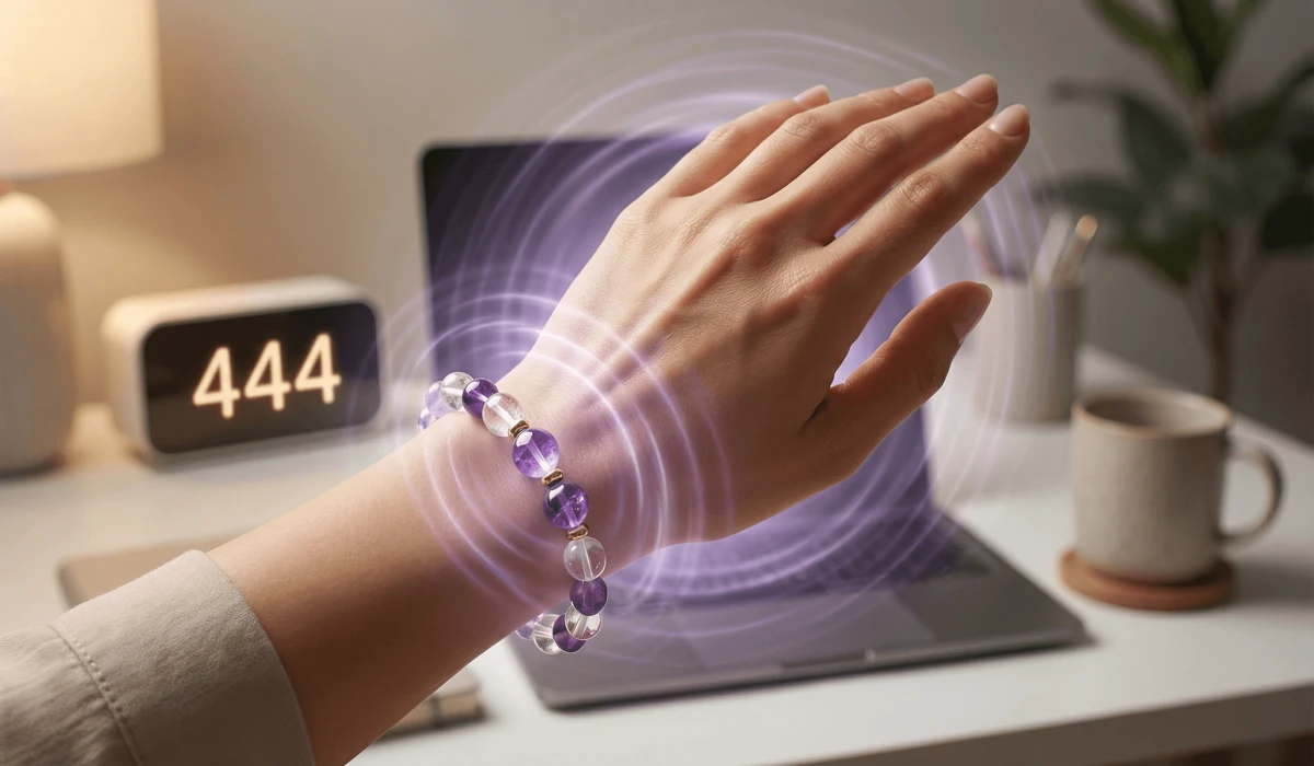 A spiritual crystal bracelet acting as a physical anchor for high-vibrational energy and protection against digital burnout.