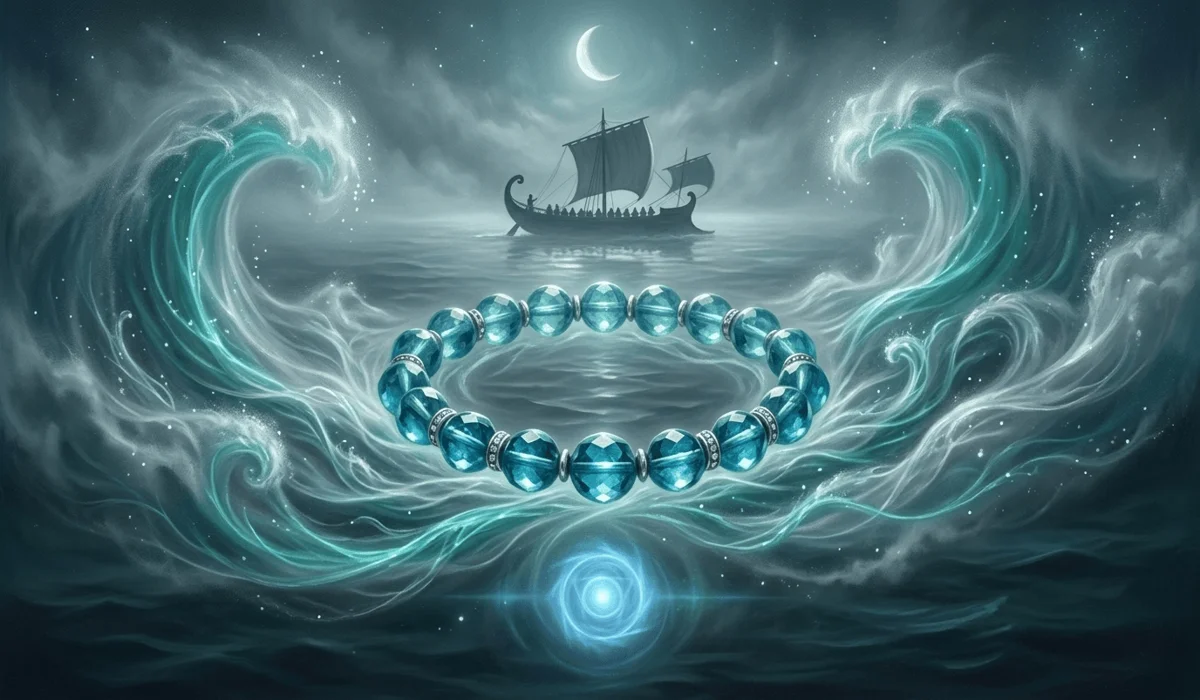 Conceptual illustration of an aquamarine bracelet as the Stone of Courage, featuring throat chakra symbolism and ancient maritime elements.