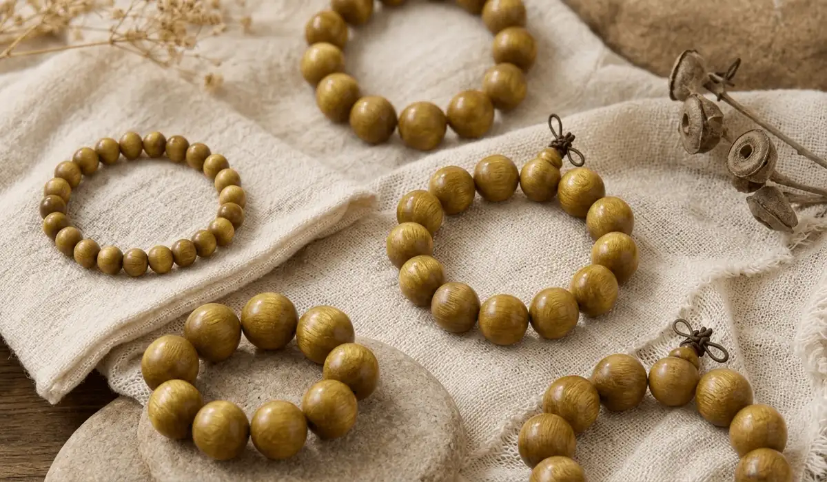 Macro close-up of Golden Silk Nanmu wood beads showing radiant chatoyant golden grain and fine polished texture