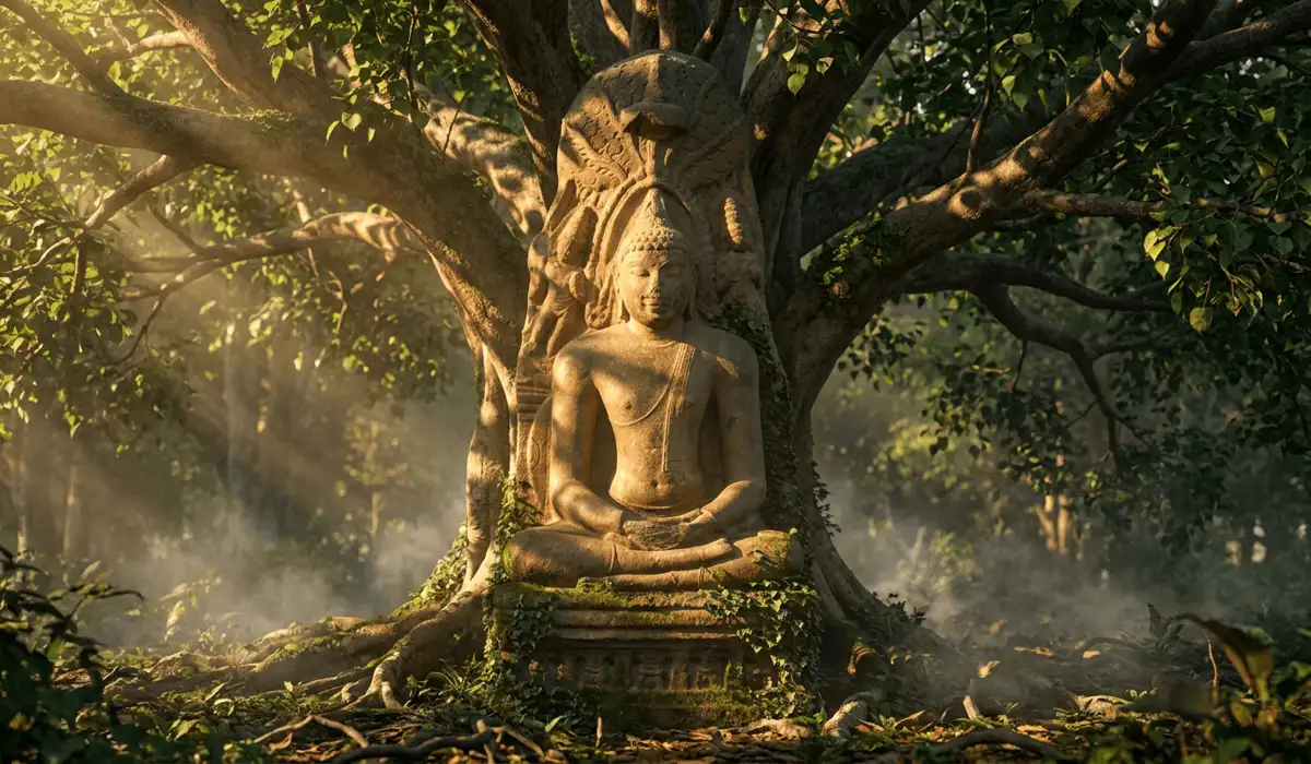 An ancient stone Buddha statue meditating under a Bodhi tree at sunrise, representing the historical origins of Buddhist art.
