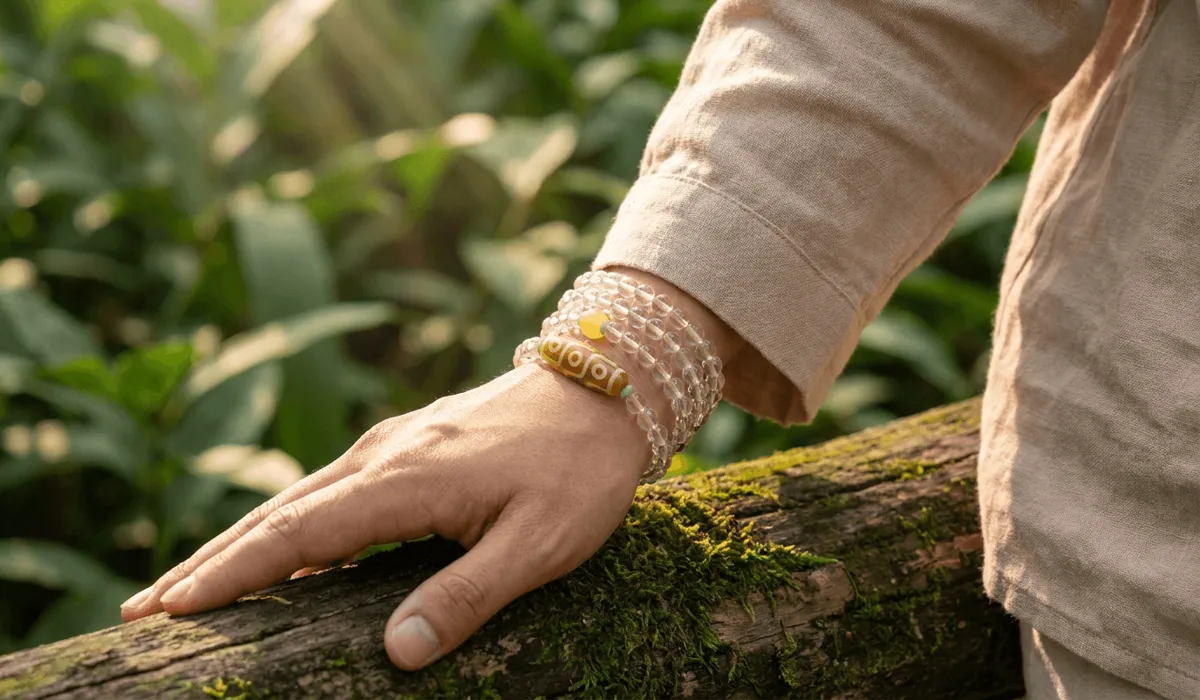 A multi-wrap 108 mala necklace worn around the left wrist featuring a protective Tibetan Dzi centerpiece.
