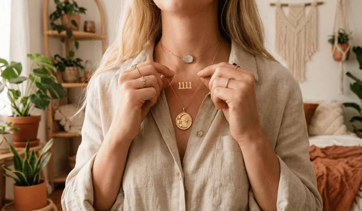 A woman layering an 1111 angel number necklace with zodiac jewelry to symbolize spiritual awakening.
