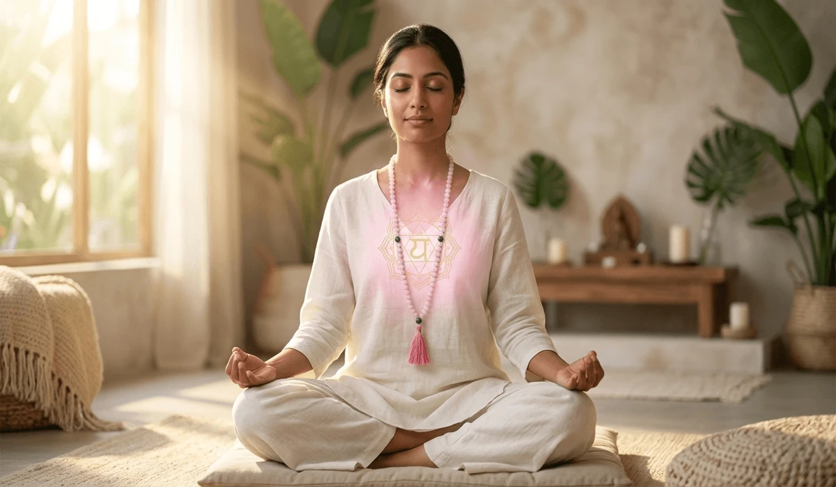 A woman meditating with a rose quartz mala necklace over her heart, featuring a soft pink aura symbolizing heart chakra activation.