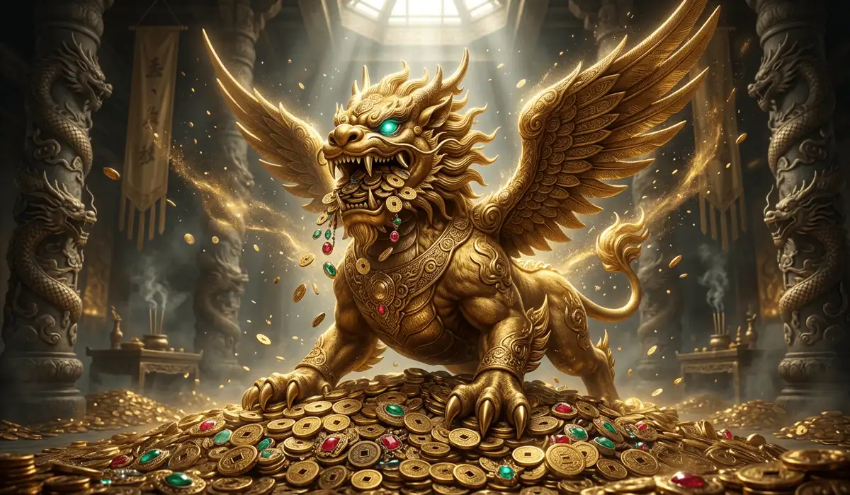 Mythological 3D illustration of Pixiu, the ninth son of the Dragon King, resting on gold coins to symbolize wealth attraction in Feng Shui.