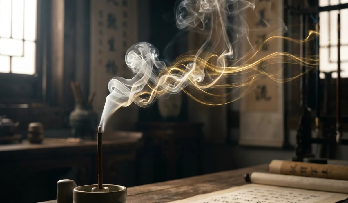 Ethereal incense smoke transforming into golden Qi energy threads, symbolizing Taoist spiritual cleansing.