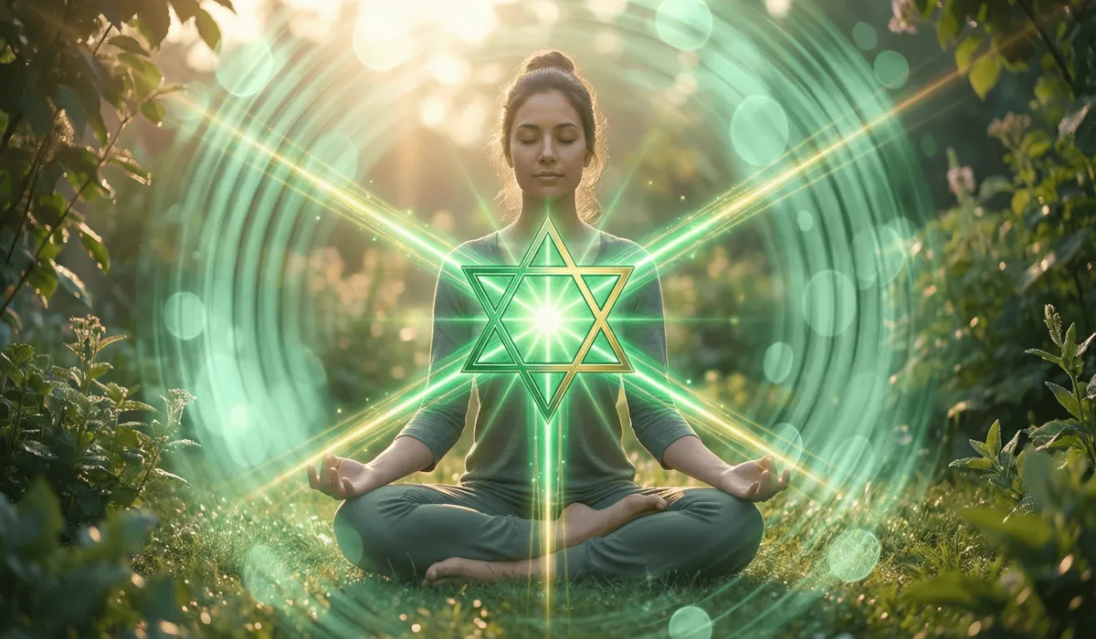 Meditation visualization showing a glowing Star of David at the heart chakra to achieve internal balance and cosmic unity.