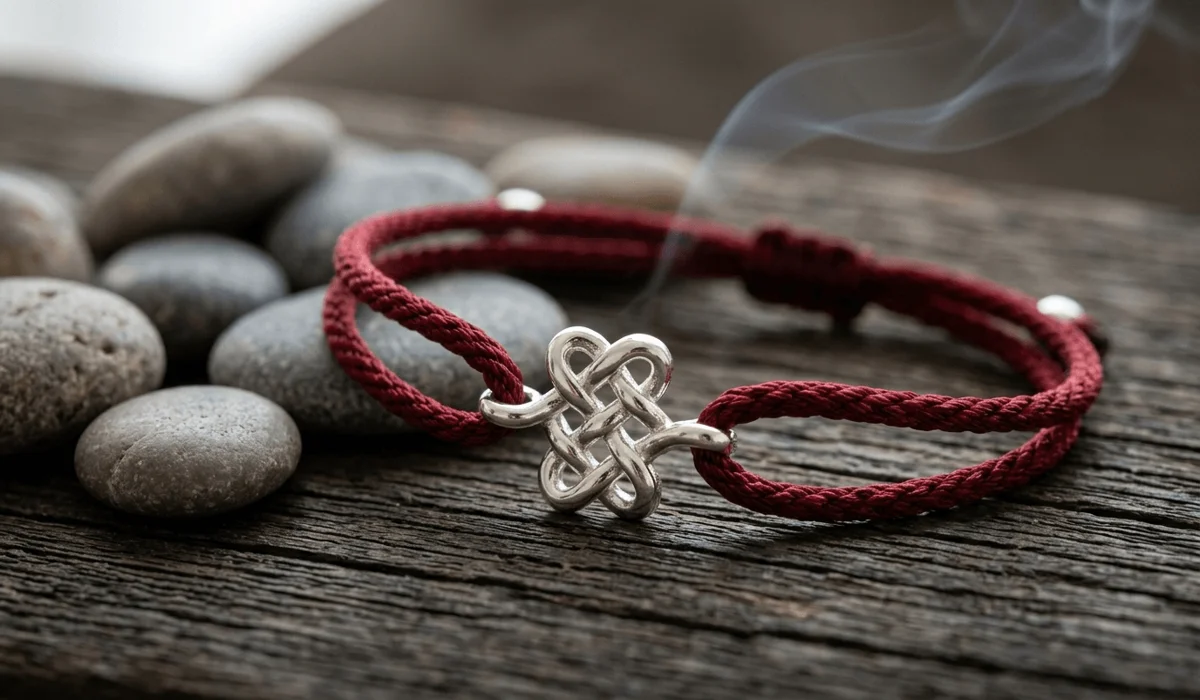 Close-up of a handcrafted red cord endless knot bracelet with a sterling silver emblem on a rustic wood surface