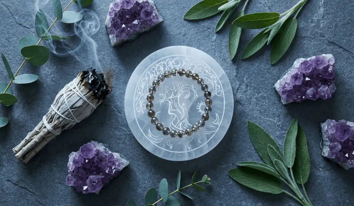 Tree of Life gemstone bracelet placed on a selenite charging plate next to smoldering sage smoke and raw crystals for energetic cleansing.