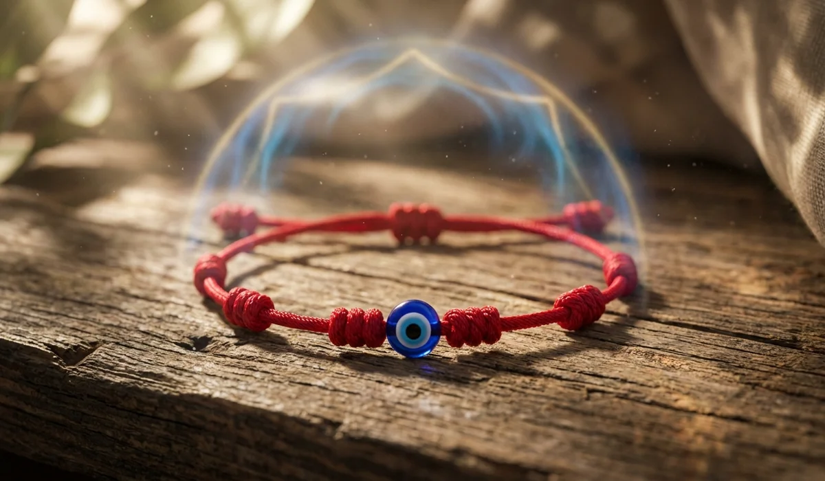 A close-up of a 7-knot red string bracelet, a spiritual protection amulet against the Evil Eye.