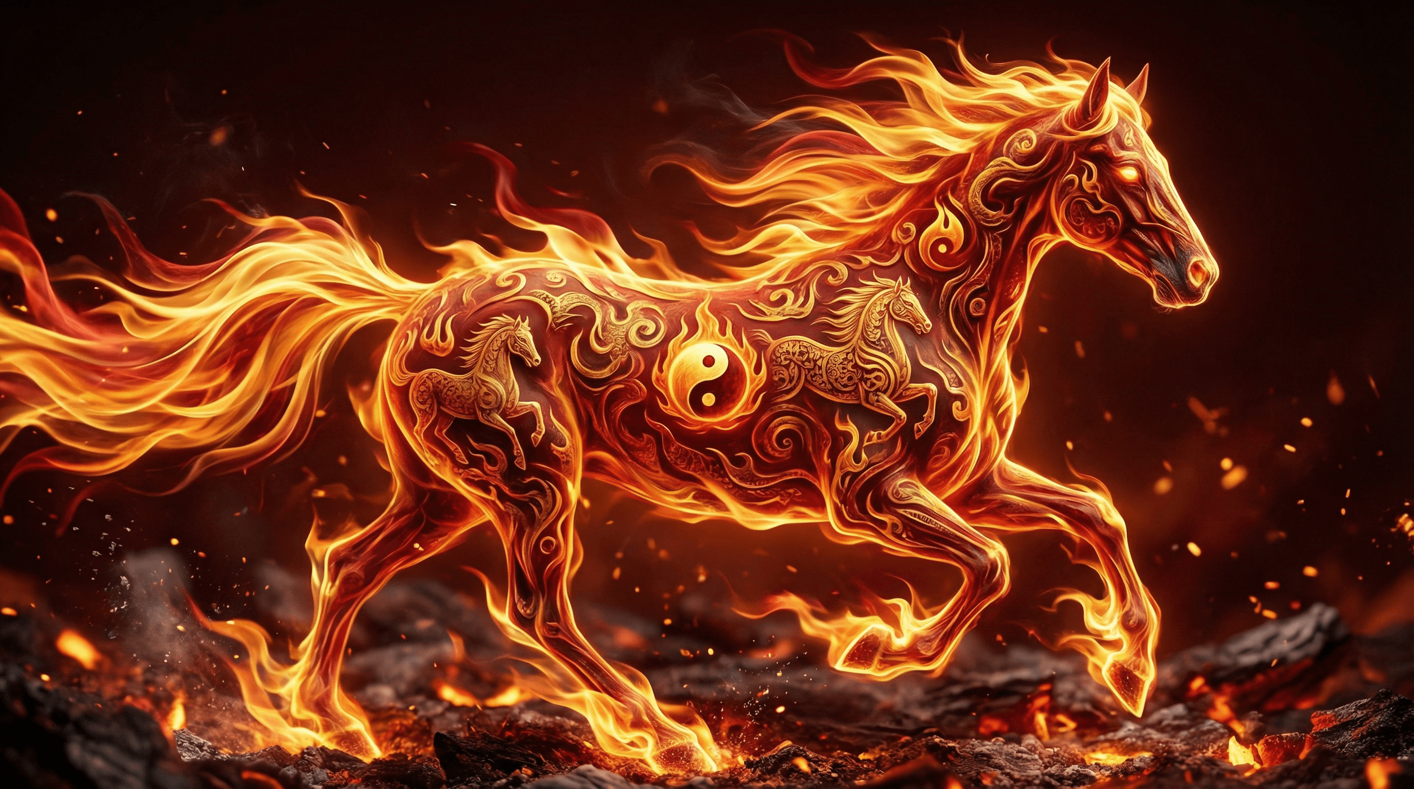 Symbolic representation of the Fire Horse energy with vibrant red and gold tones.