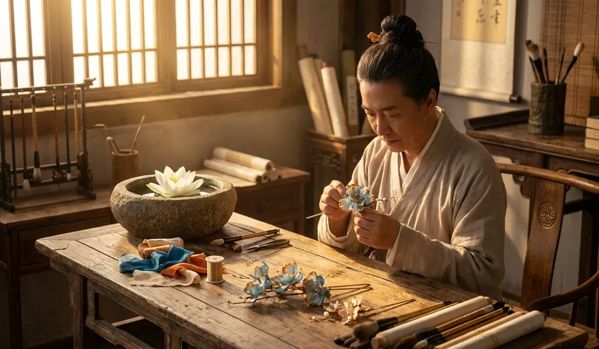 Ancient Tang Dynasty artisan crafting a traditional Rong Hua velvet silk flower, symbolizing eternal peace and cultural heritage.