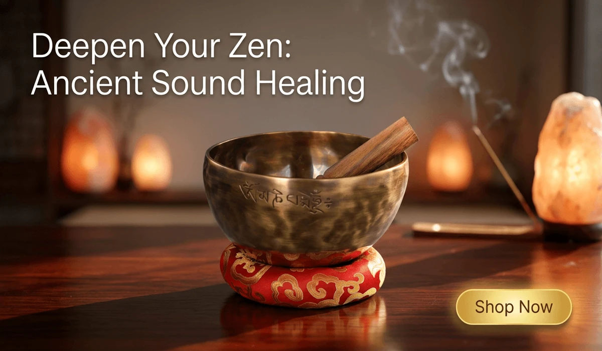Handmade Nepalese Full Moon Singing Bowl for Sound Healing on a red silk cushion, professional meditation blog illustration with Shop Now button.