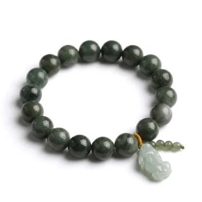 Oily Green Jade Beads & Pixiu Jadeite Jade Bracelet for Wealth & Protection