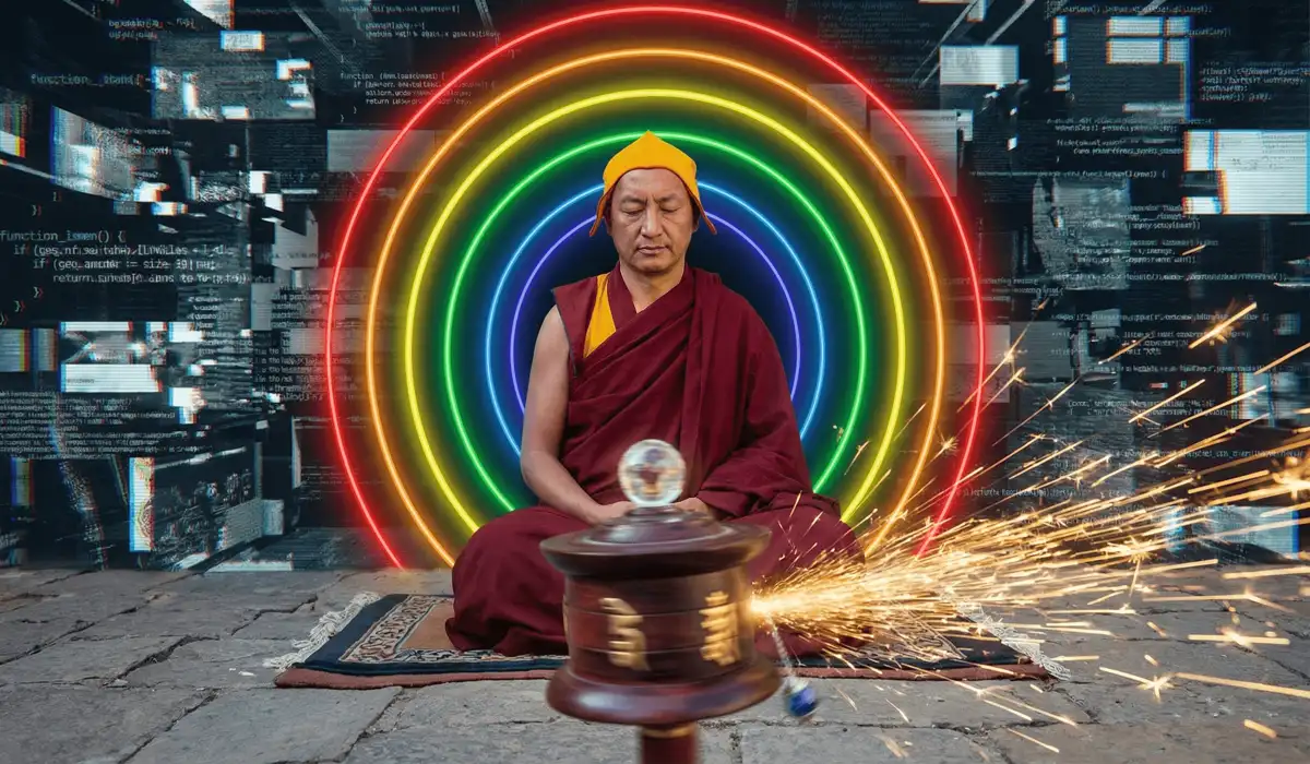 A person meditating with a prayer wheel, visualizing the mantra's light purifying the surrounding environment.