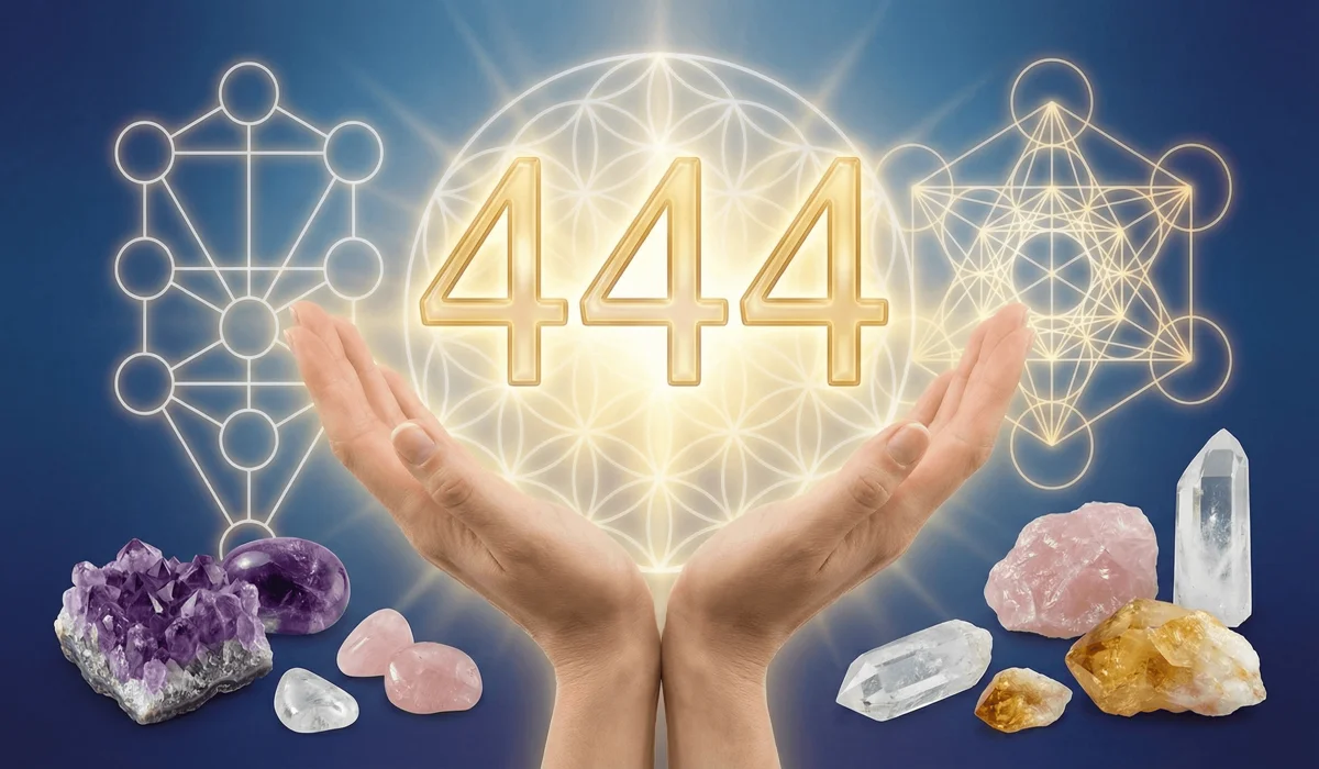 Symbolic representation of 444 angel number frequency with healing crystals and sacred geometry for spiritual alignment.