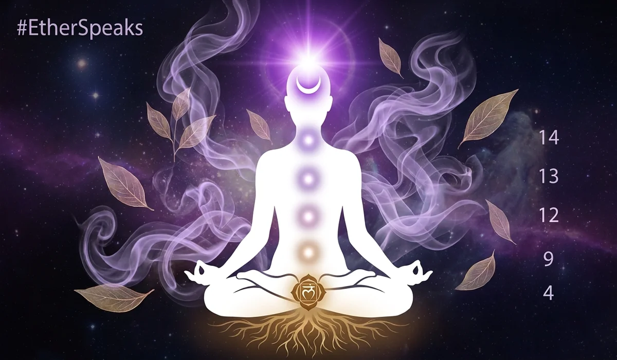 A visual representation of the chakra alignment between the amethyst crown chakra and sandalwood root chakra during a deep spiritual meditation session.