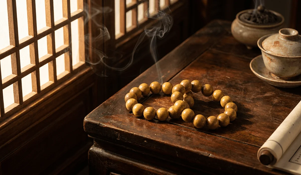 Authentic Golden Silk Nanmu wooden prayer bracelet on an antique wooden table with soft sunlight in a serene studio setting.