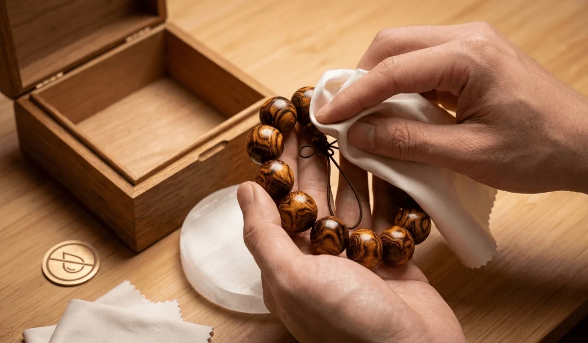 Demonstration of polishing a Huanghuali bracelet with a dry silk cloth for proper maintenance and protection.