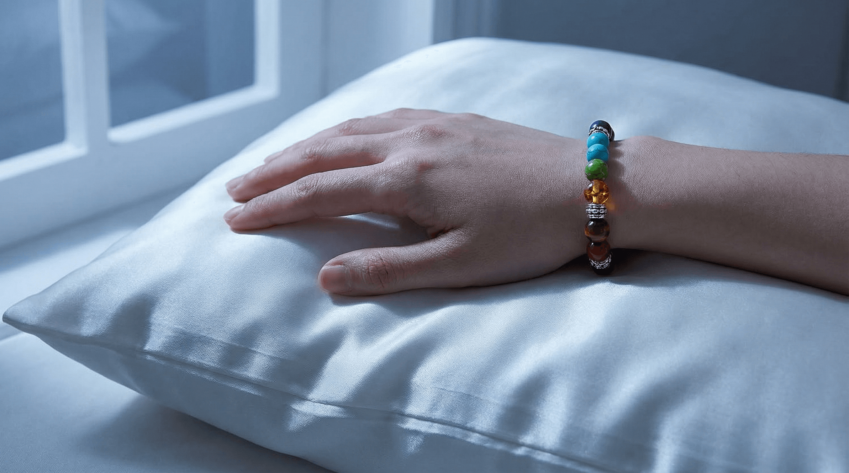 A 7 chakra bracelet worn on the left wrist for receiving healing energy while sleeping on silk bedding.
