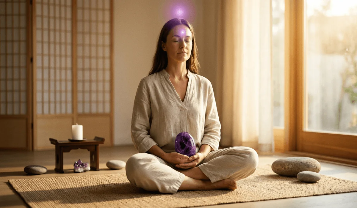 A person using an amethyst stone for third eye and crown chakra healing during spiritual meditation to find inner peace.