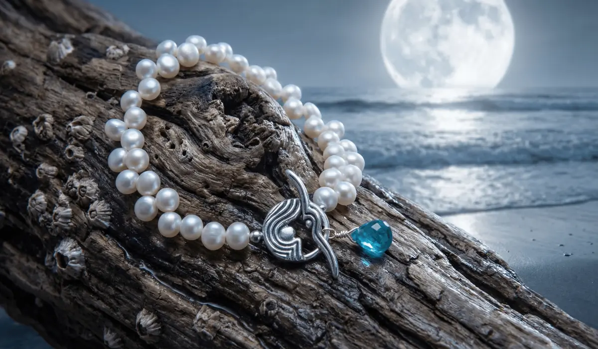 A white pearl bracelet on driftwood at night under a full moon, symbolizing spiritual wisdom and growth through challenges.